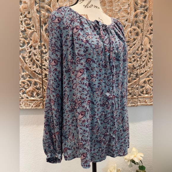 Lucky Brand Blue w/ Purple Floral, Boho Peasant Blouse- size L - Picture 3 of 13